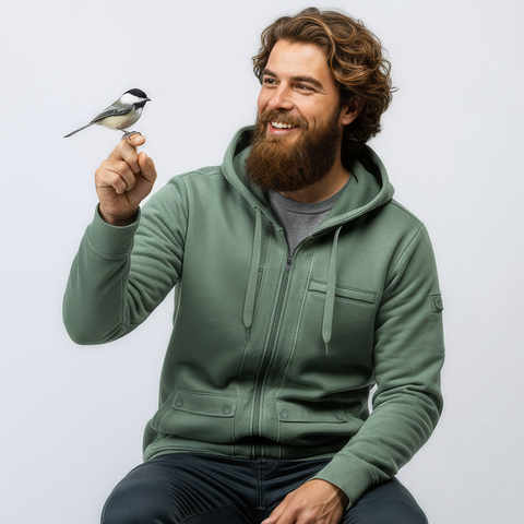 Man in a green hoodie holding a small bird on a white background