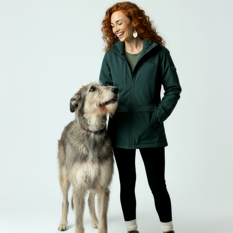 Woman in a green jacket standing next to a large dog on a white background
